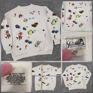 VTG 80s Cal Pacific Designs Adult XL Fish AOP All Over Print Crewneck Sweatshirt